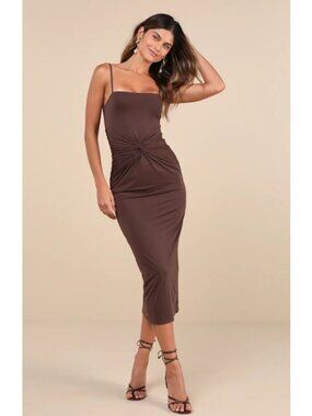Lulus Mesmerizing Reputation Brown Twist-Front Bodycon Midi Dress Size XL NWT!